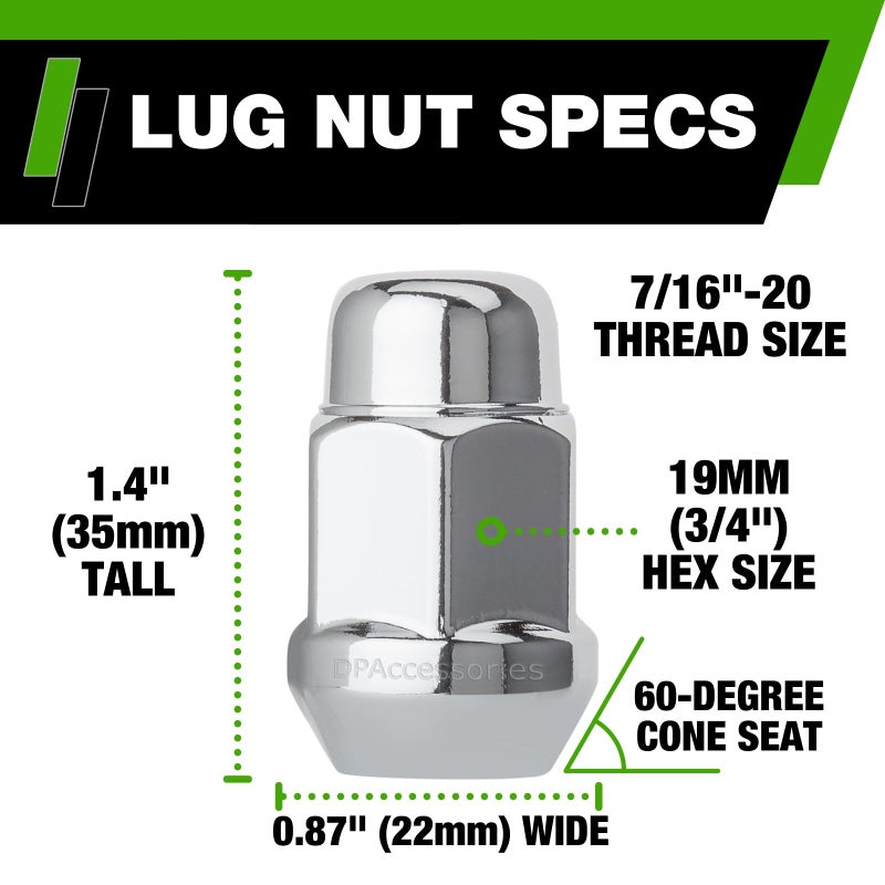 DPAccessories Chrome 7/16-20 Lug Nuts | Closed End Bulge Acorn | 36mm (1.4") Tall | 19mm (3/4") Hex | Set of 24 | D3111-HT-2305/24 - Image 2